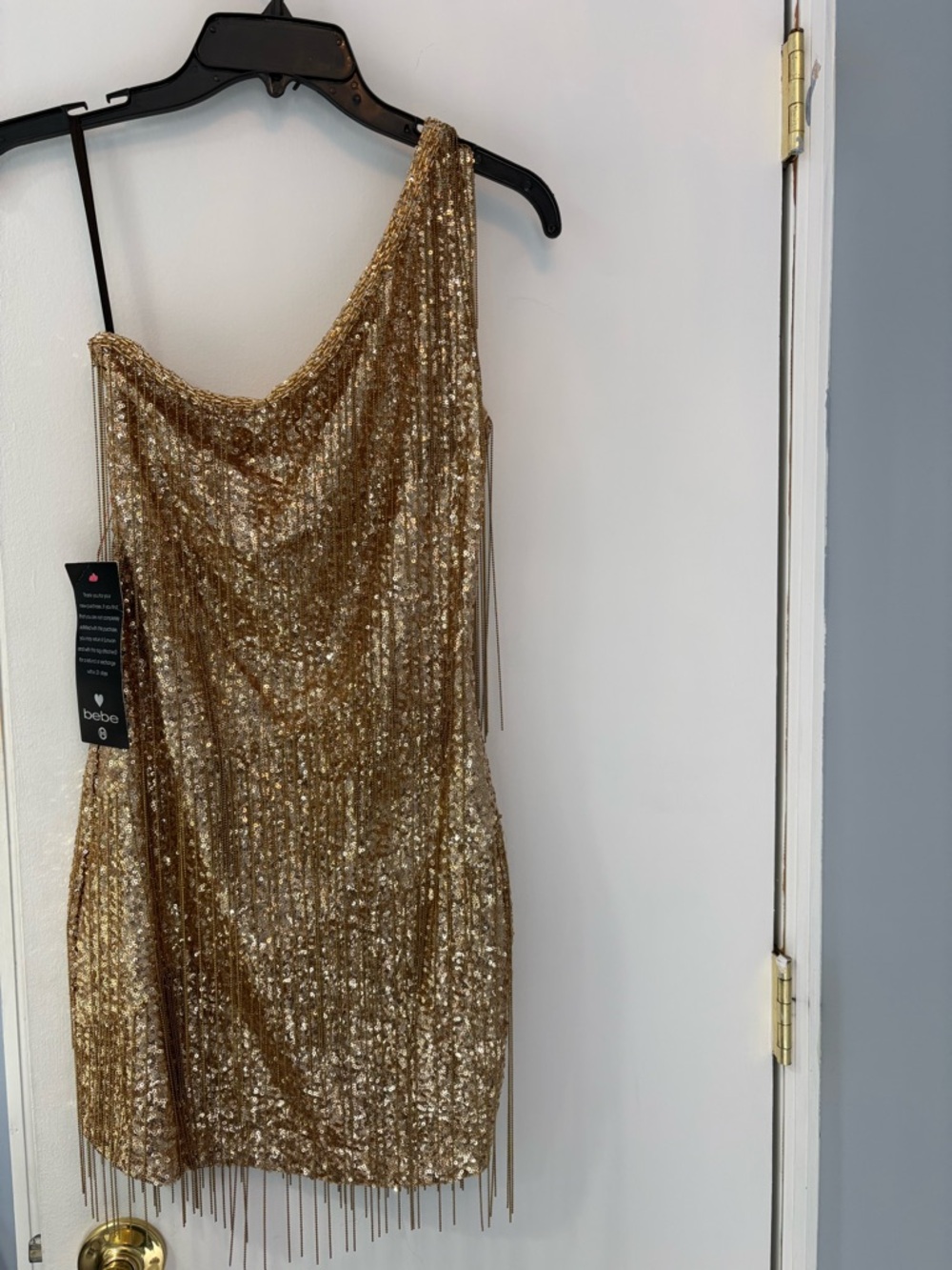 bebe Gold Sequin One-Shoulder Fringe Mini Dress perfect for NYE or a flapper